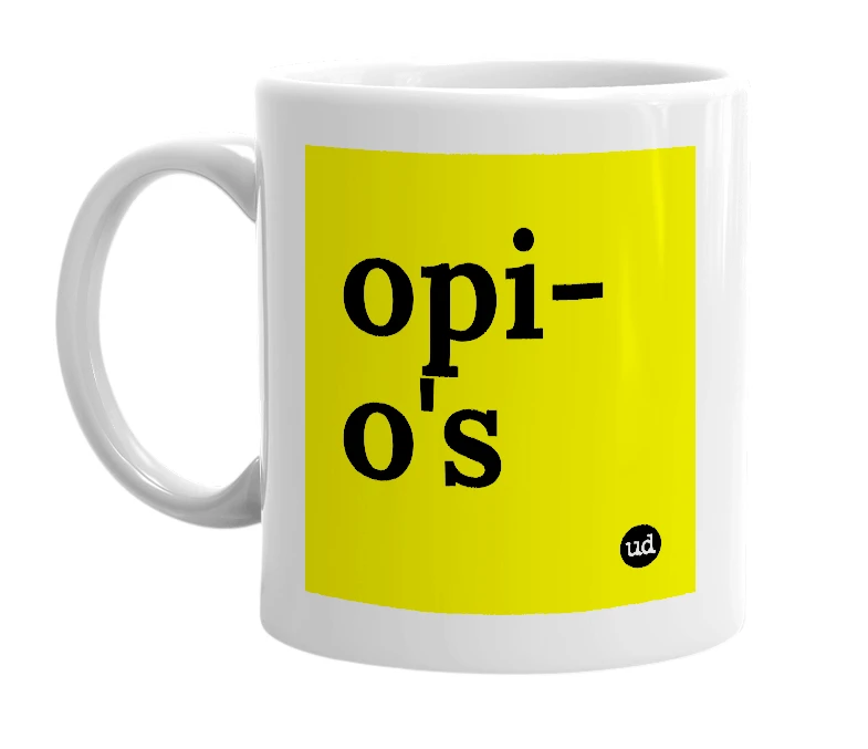 White mug with 'opi-o's' in bold black letters