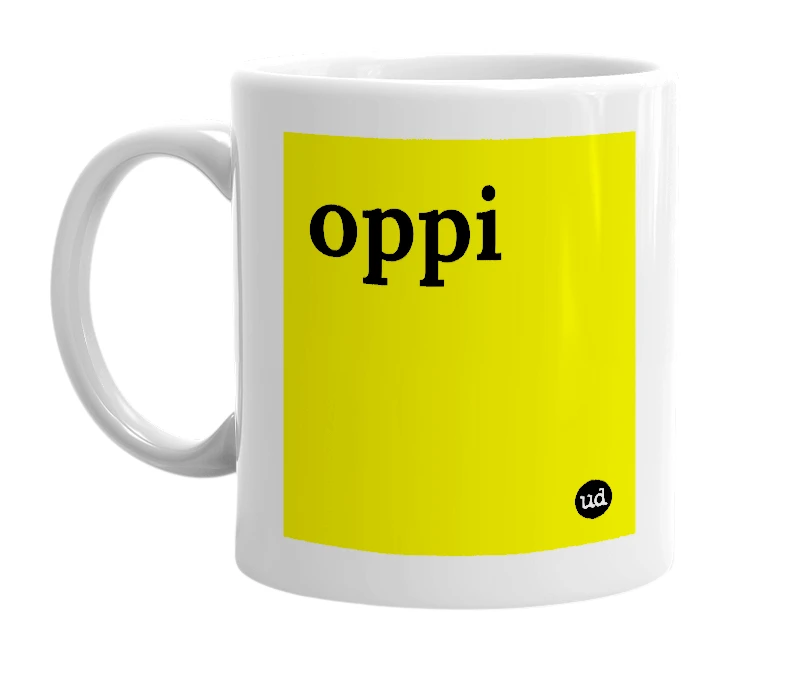 White mug with 'oppi' in bold black letters