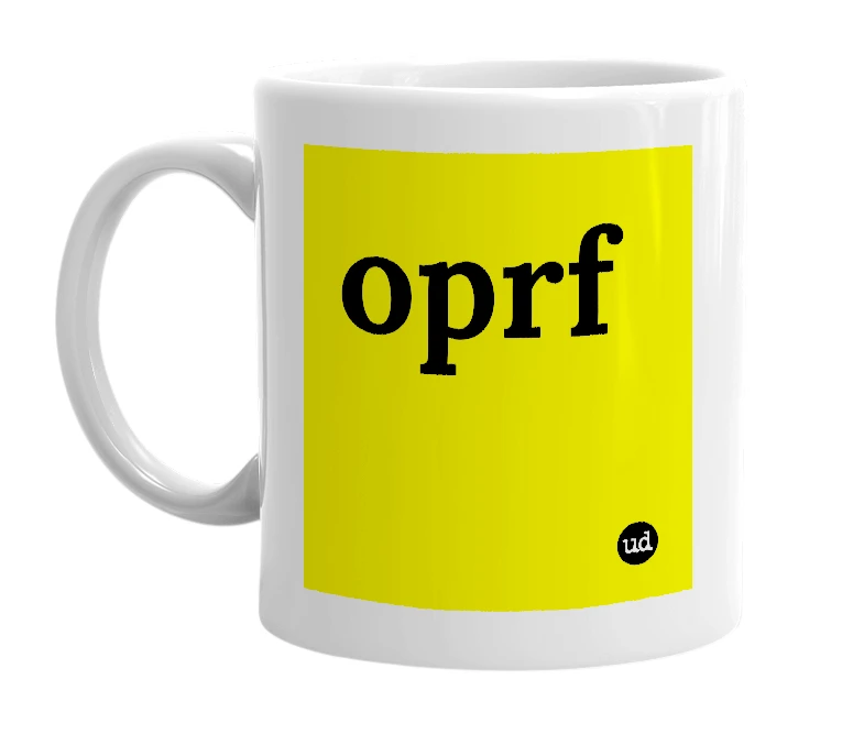 White mug with 'oprf' in bold black letters