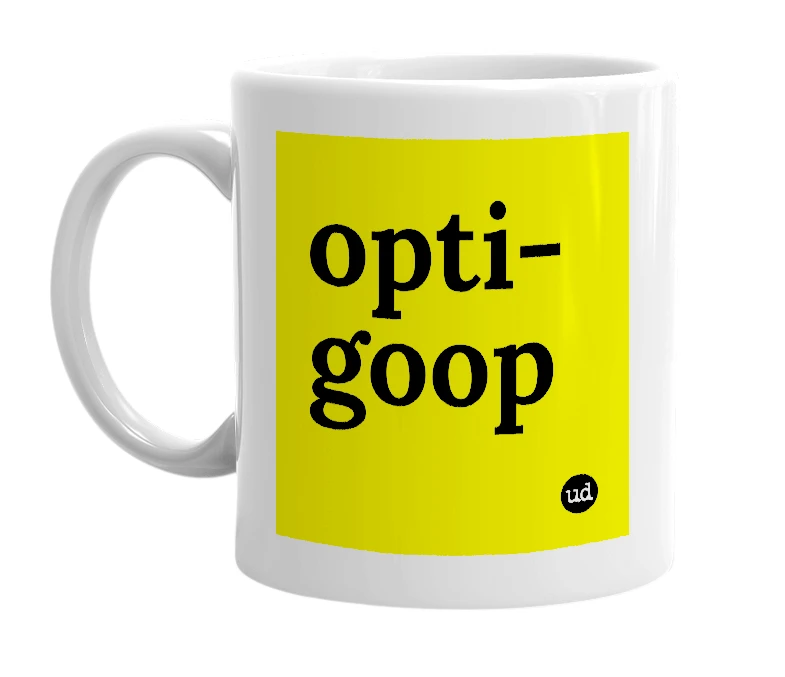 White mug with 'opti-goop' in bold black letters