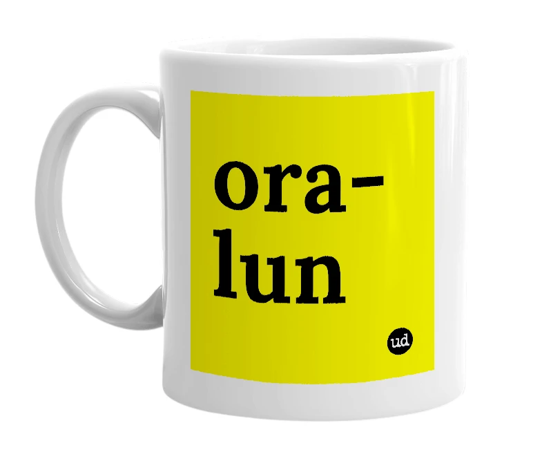 White mug with 'ora-lun' in bold black letters