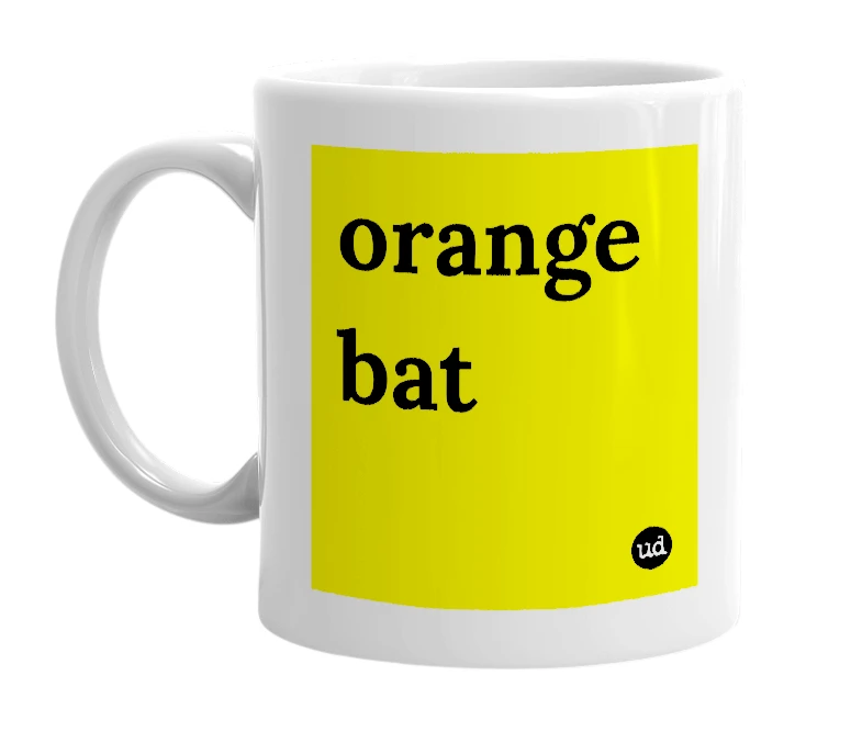 White mug with 'orange bat' in bold black letters