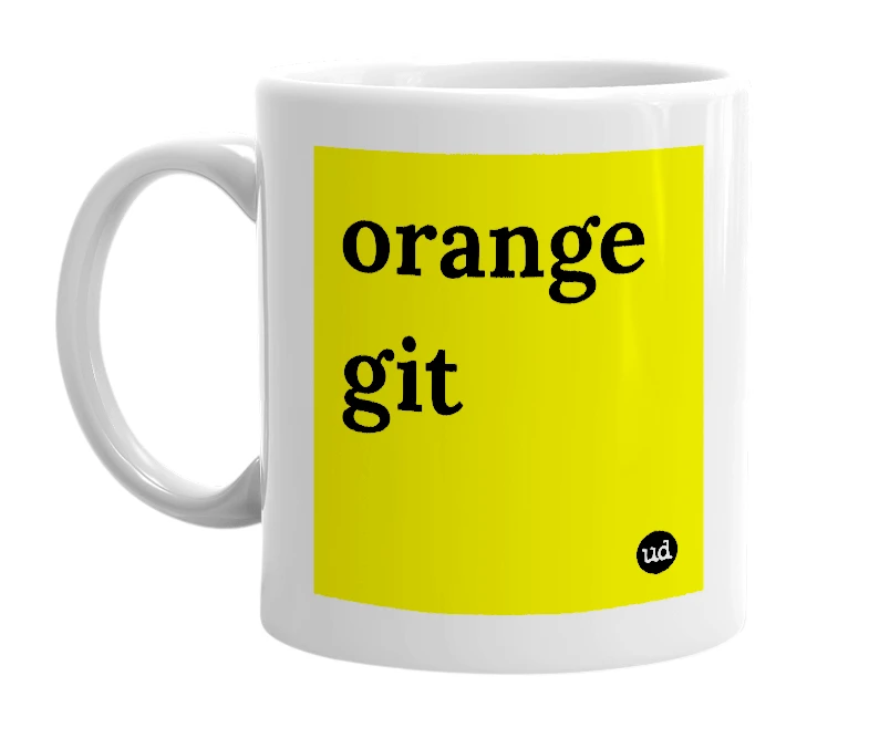 White mug with 'orange git' in bold black letters