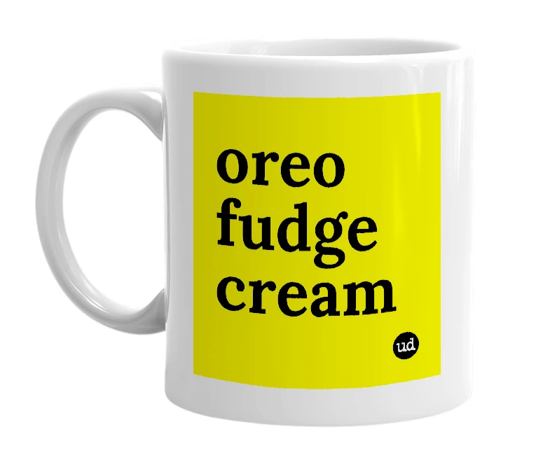 White mug with 'oreo fudge cream' in bold black letters