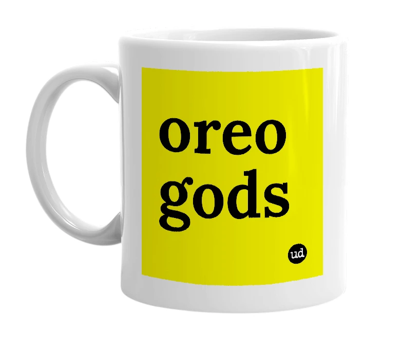 White mug with 'oreo gods' in bold black letters