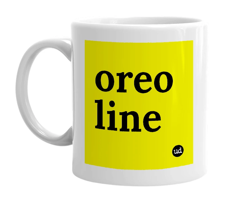 White mug with 'oreo line' in bold black letters