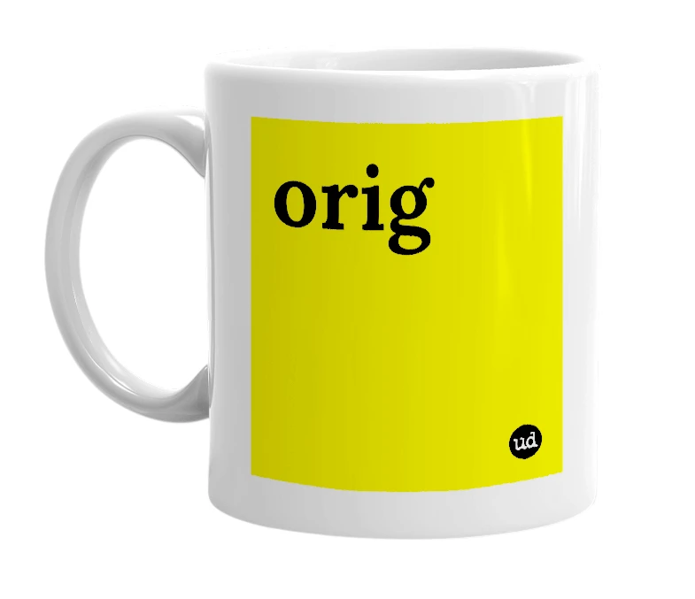 White mug with 'orig' in bold black letters