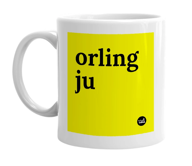 White mug with 'orling ju' in bold black letters