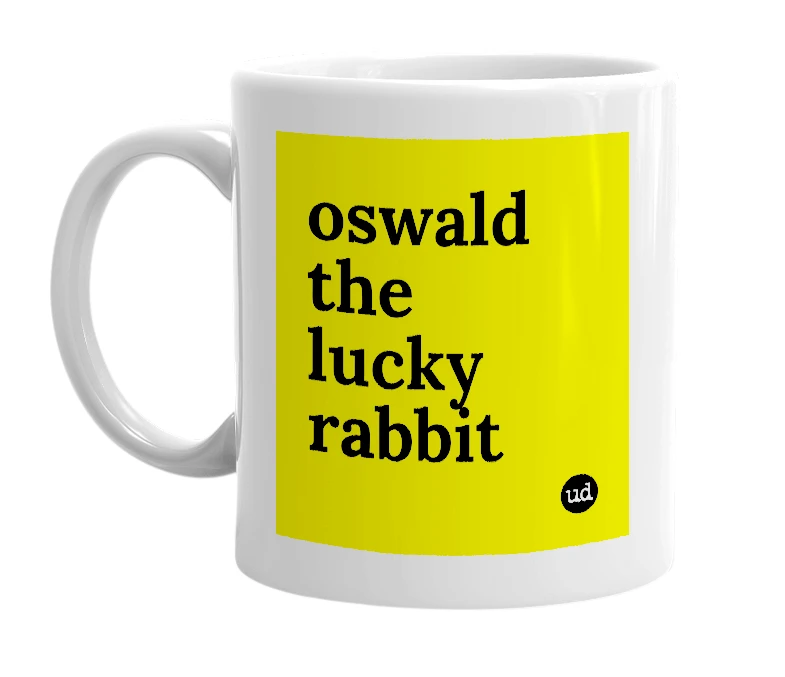 White mug with 'oswald the lucky rabbit' in bold black letters