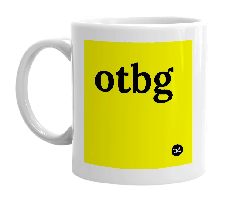 White mug with 'otbg' in bold black letters