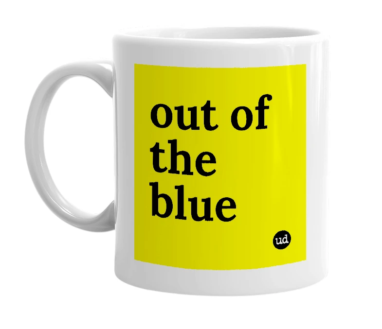 White mug with 'out of the blue' in bold black letters
