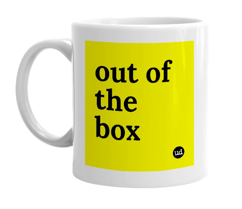 White mug with 'out of the box' in bold black letters