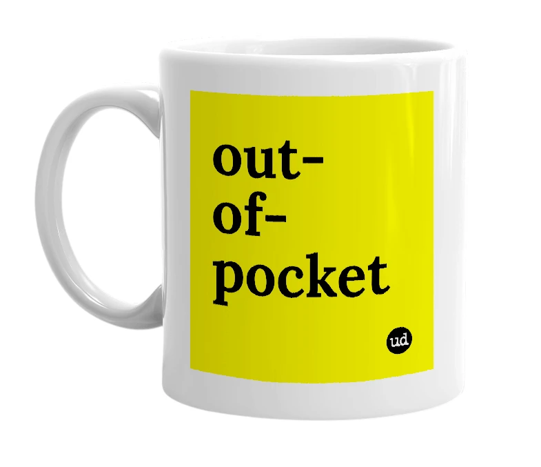 White mug with 'out-of-pocket' in bold black letters