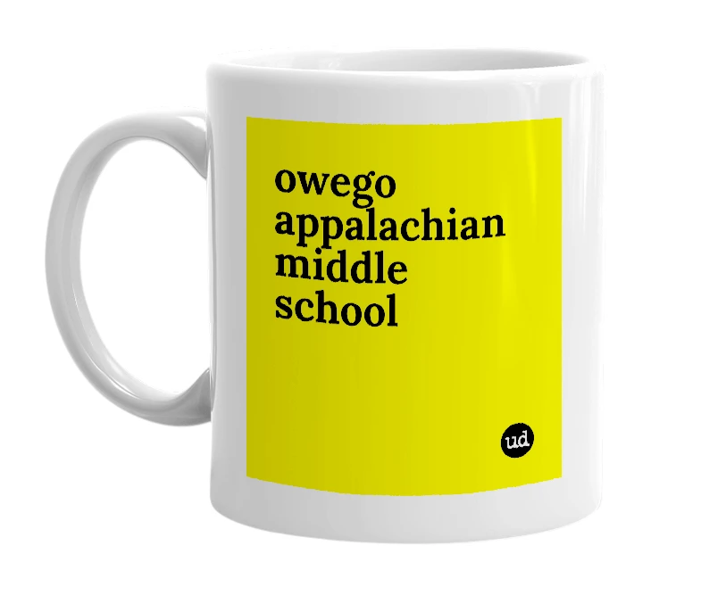 White mug with 'owego appalachian middle school' in bold black letters