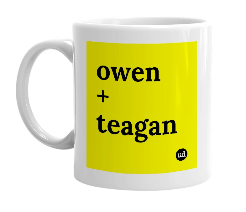 White mug with 'owen + teagan' in bold black letters