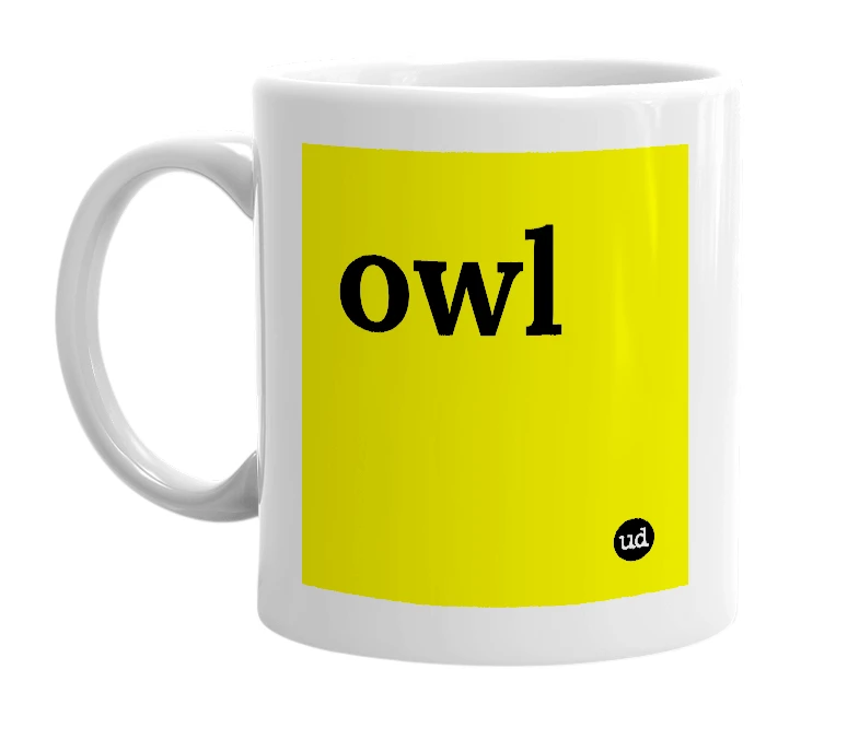 White mug with 'owl' in bold black letters