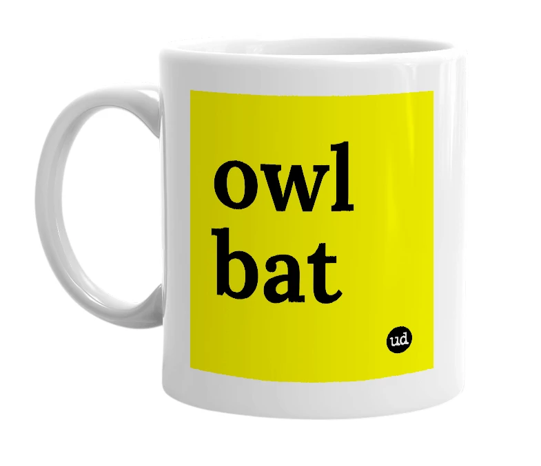 White mug with 'owl bat' in bold black letters