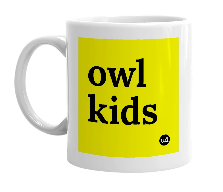 White mug with 'owl kids' in bold black letters