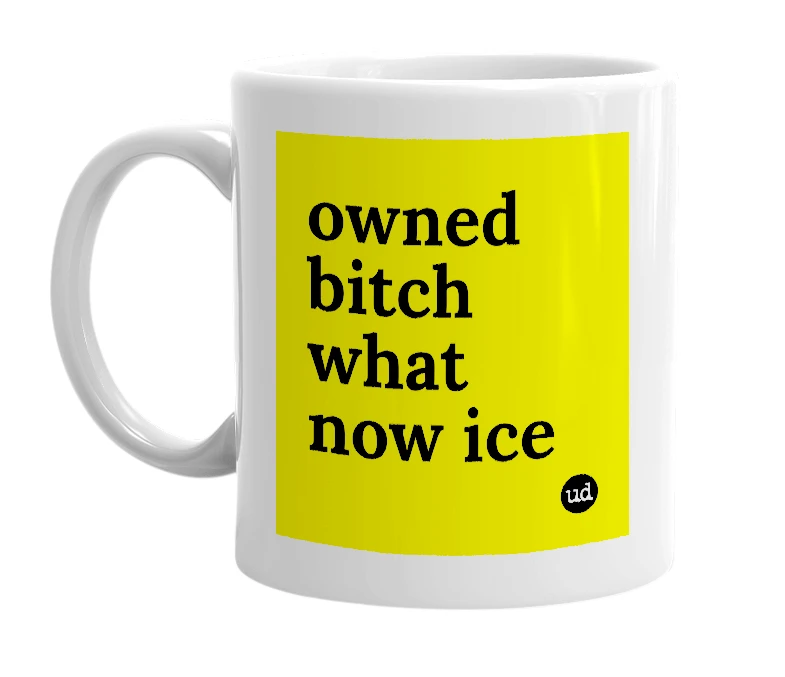 White mug with 'owned bitch what now ice' in bold black letters
