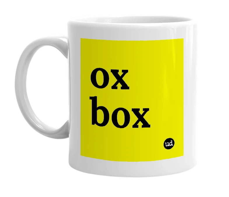 White mug with 'ox box' in bold black letters