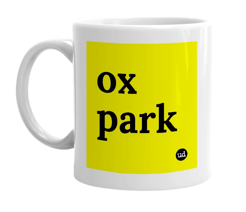 White mug with 'ox park' in bold black letters