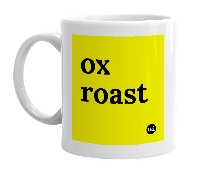 White mug with 'ox roast' in bold black letters