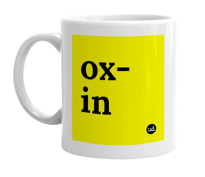 White mug with 'ox-in' in bold black letters