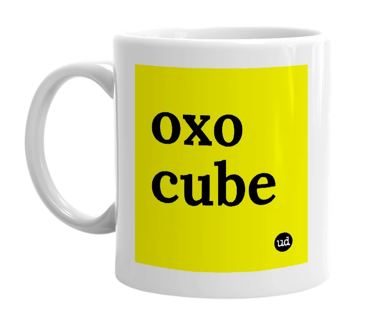 White mug with 'oxo cube' in bold black letters