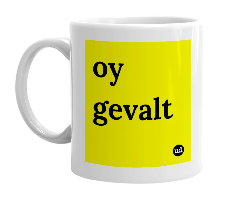 White mug with 'oy gevalt' in bold black letters
