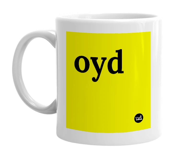 White mug with 'oyd' in bold black letters
