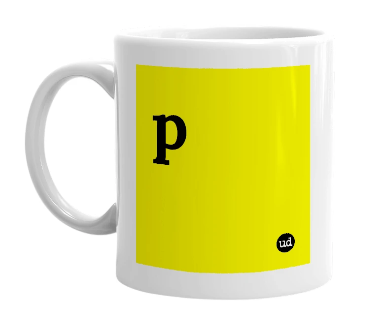 White mug with 'p' in bold black letters