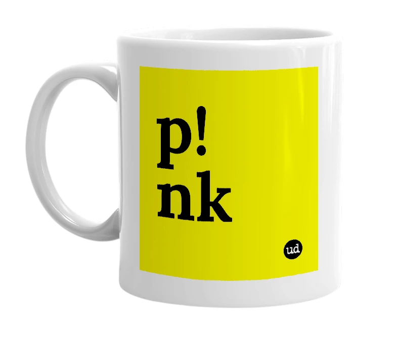 White mug with 'p!nk' in bold black letters