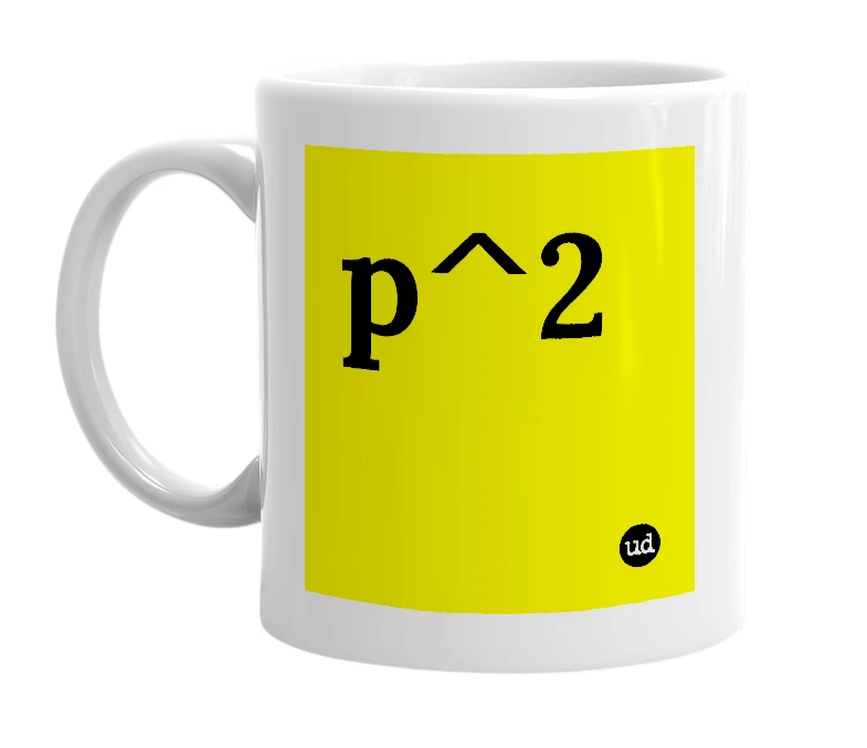 White mug with 'p^2' in bold black letters