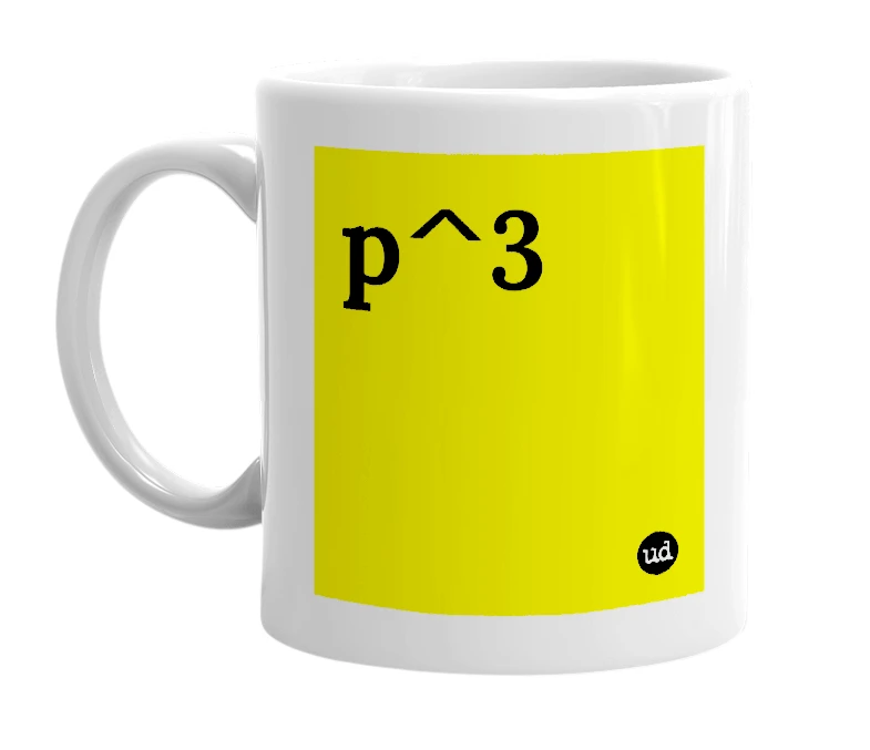 White mug with 'p^3' in bold black letters