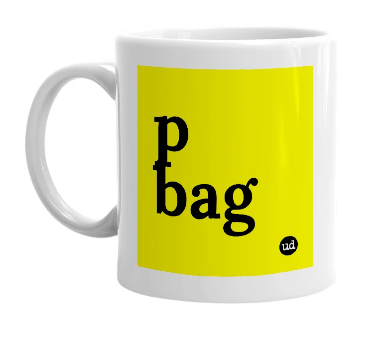 White mug with 'p bag' in bold black letters