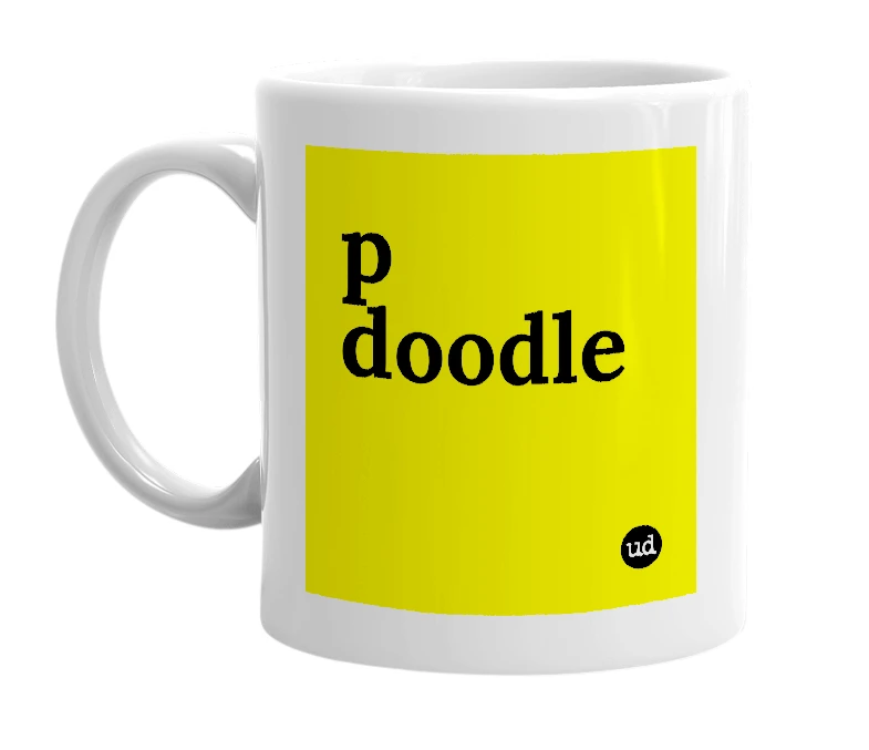 White mug with 'p doodle' in bold black letters