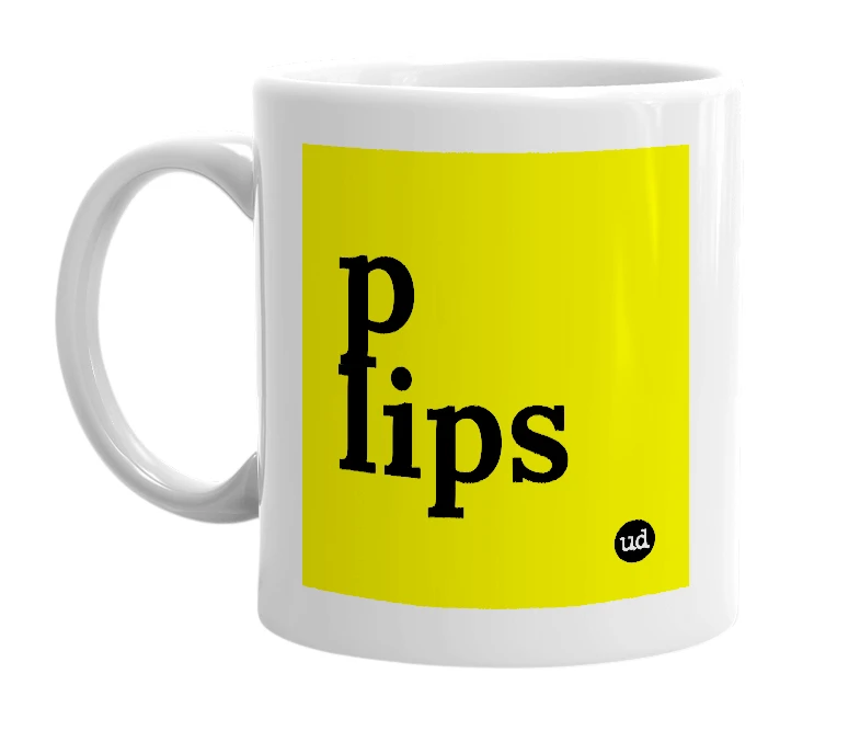 White mug with 'p lips' in bold black letters