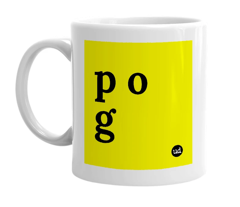 White mug with 'p o g' in bold black letters
