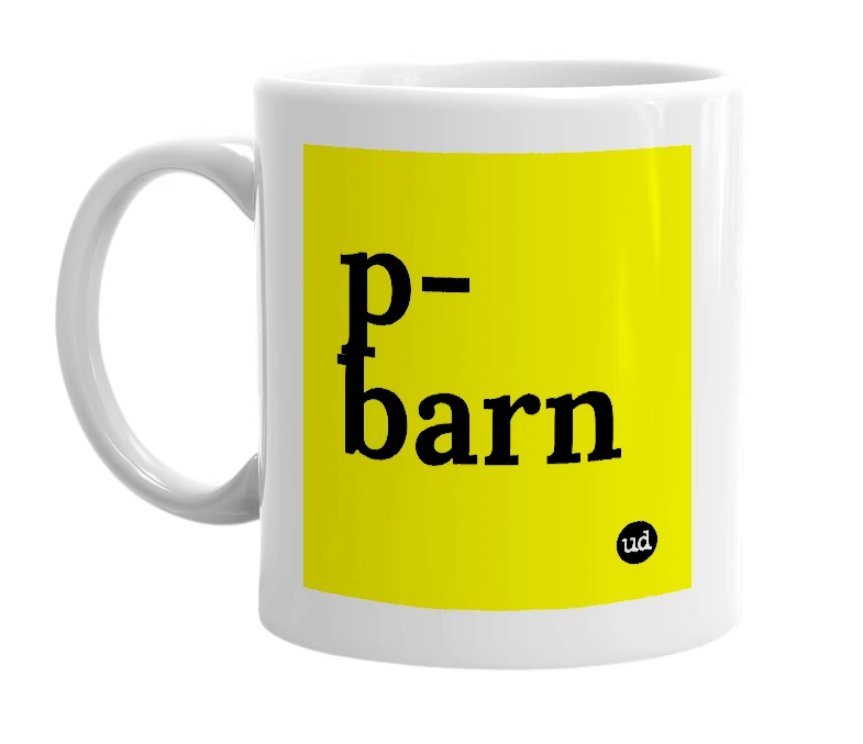 White mug with 'p-barn' in bold black letters