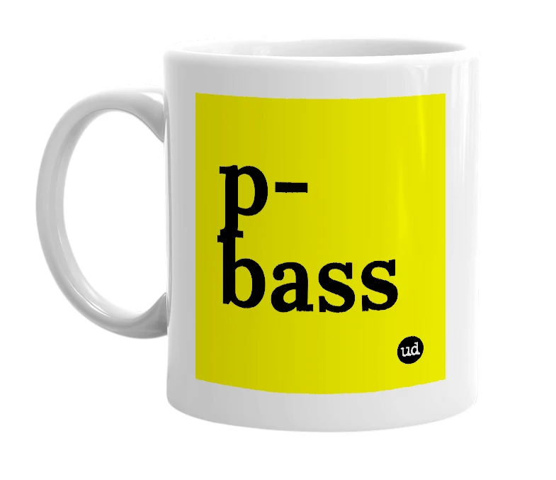 White mug with 'p-bass' in bold black letters