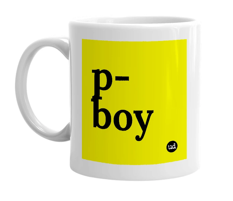 White mug with 'p-boy' in bold black letters