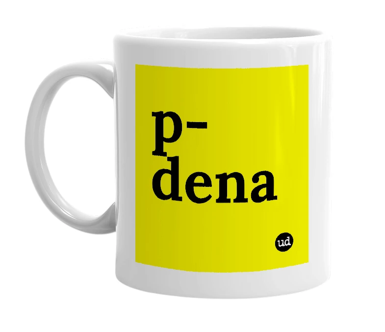 White mug with 'p-dena' in bold black letters