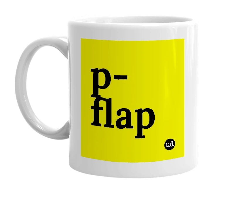White mug with 'p-flap' in bold black letters
