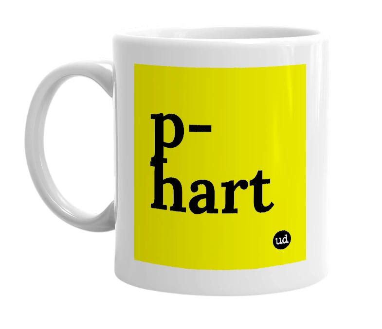 White mug with 'p-hart' in bold black letters