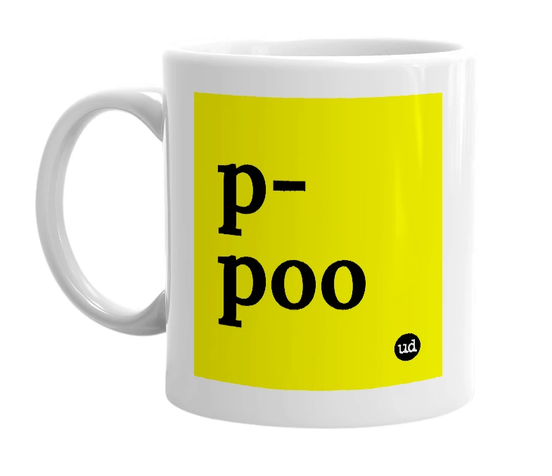 White mug with 'p-poo' in bold black letters