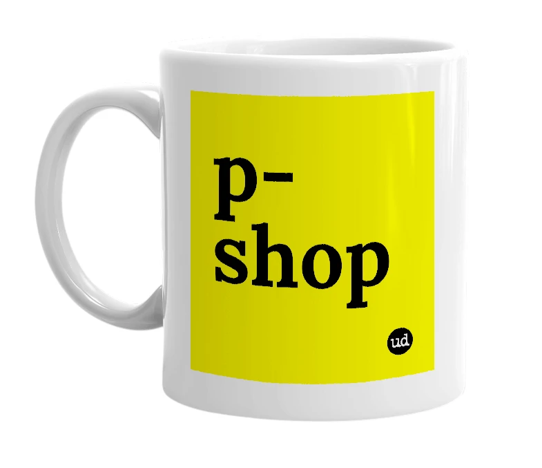 White mug with 'p-shop' in bold black letters