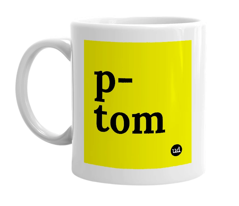 White mug with 'p-tom' in bold black letters