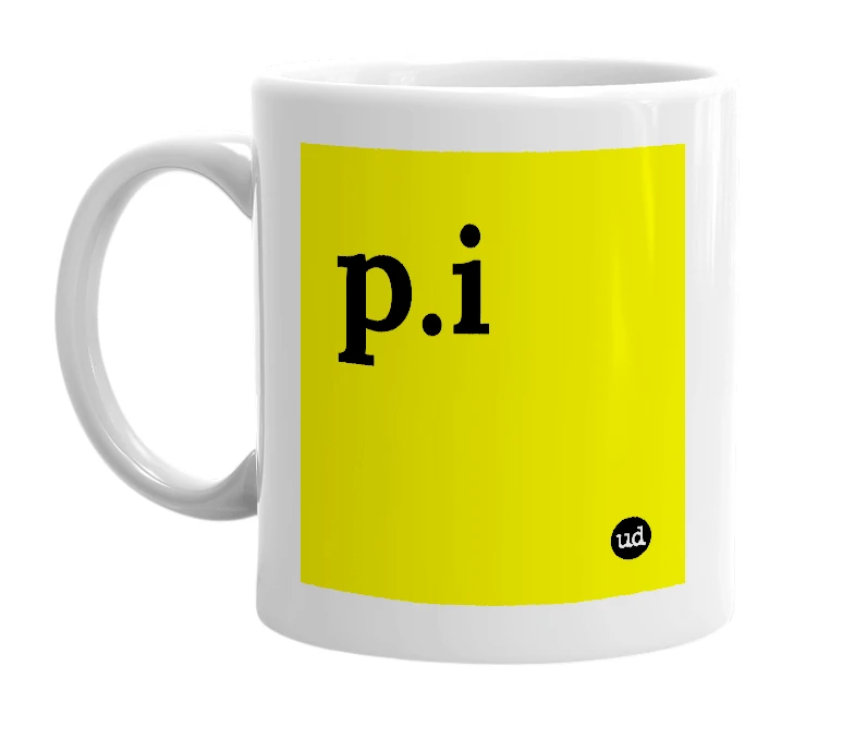 White mug with 'p.i' in bold black letters