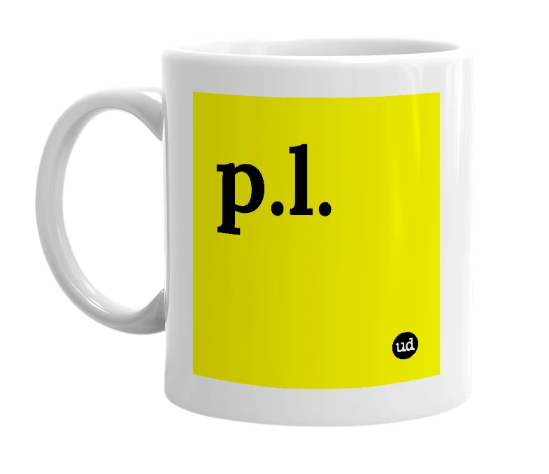 White mug with 'p.l.' in bold black letters