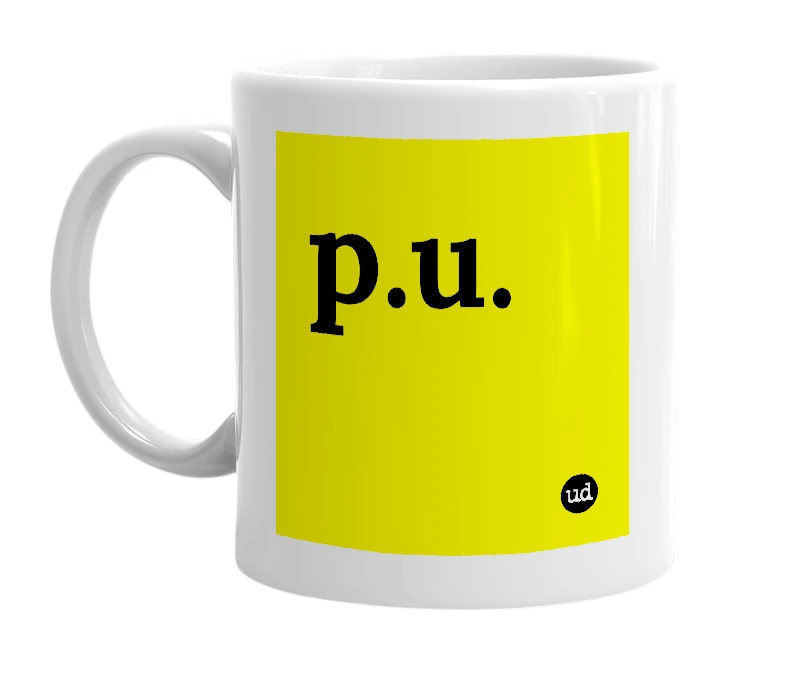 White mug with 'p.u.' in bold black letters